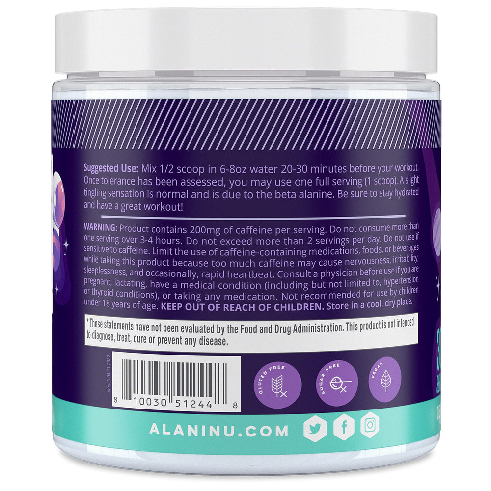Alani Nu scoop measuring one serving for accurate pre-workout dosing