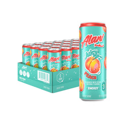 Alani Nu front can view showing Juicy Peach branding and slim can design for portability