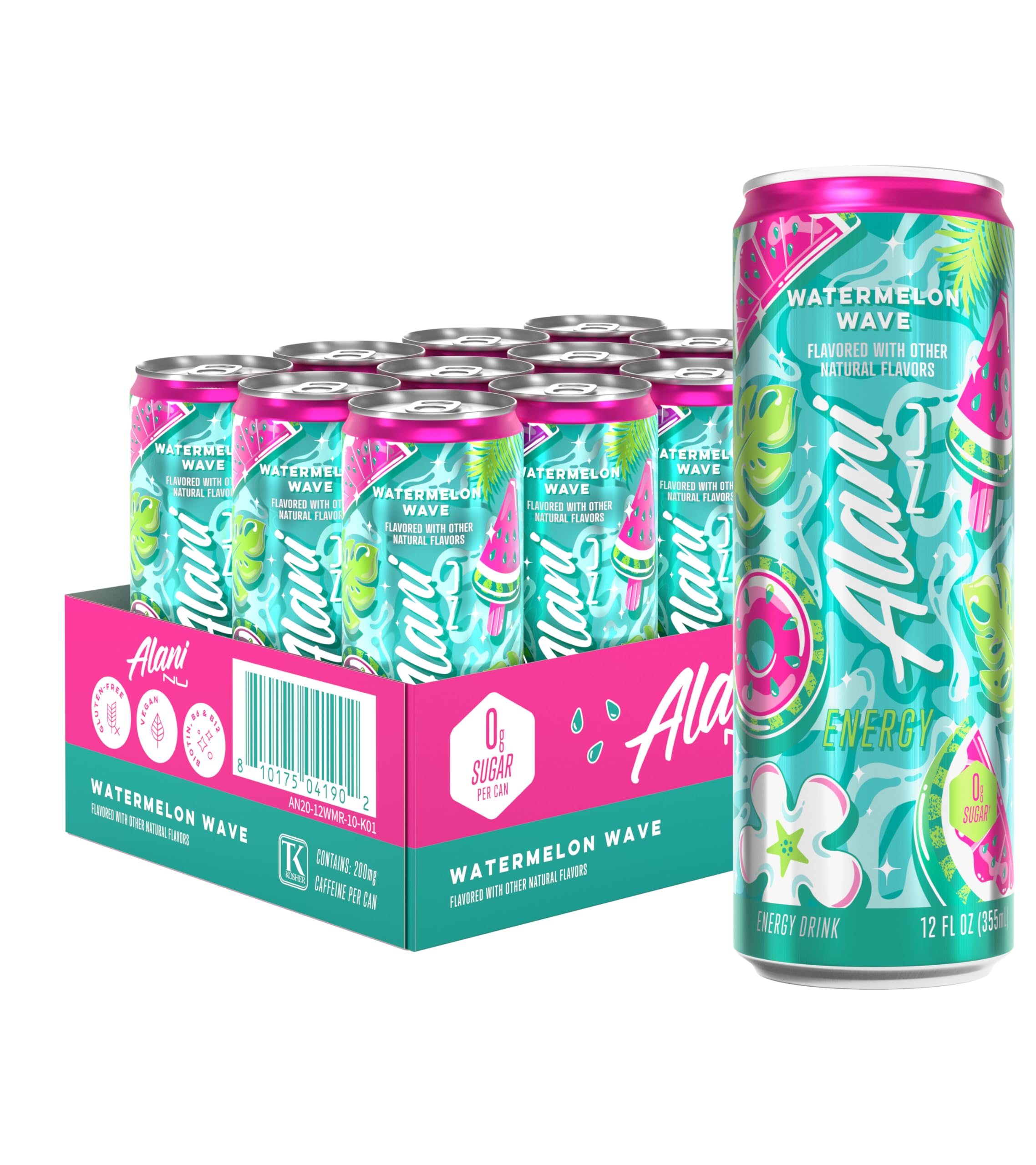 Alani Nu lata frontal pack de 12 mostrando diseño y sabor watermelon