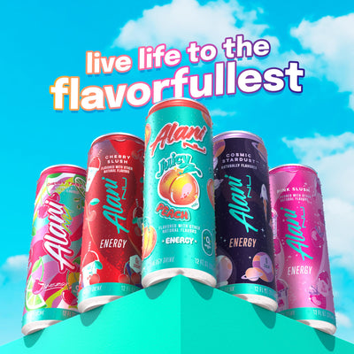 Alani Nu can on beach towel lifestyle scene conveying on-the-go energy and fun
