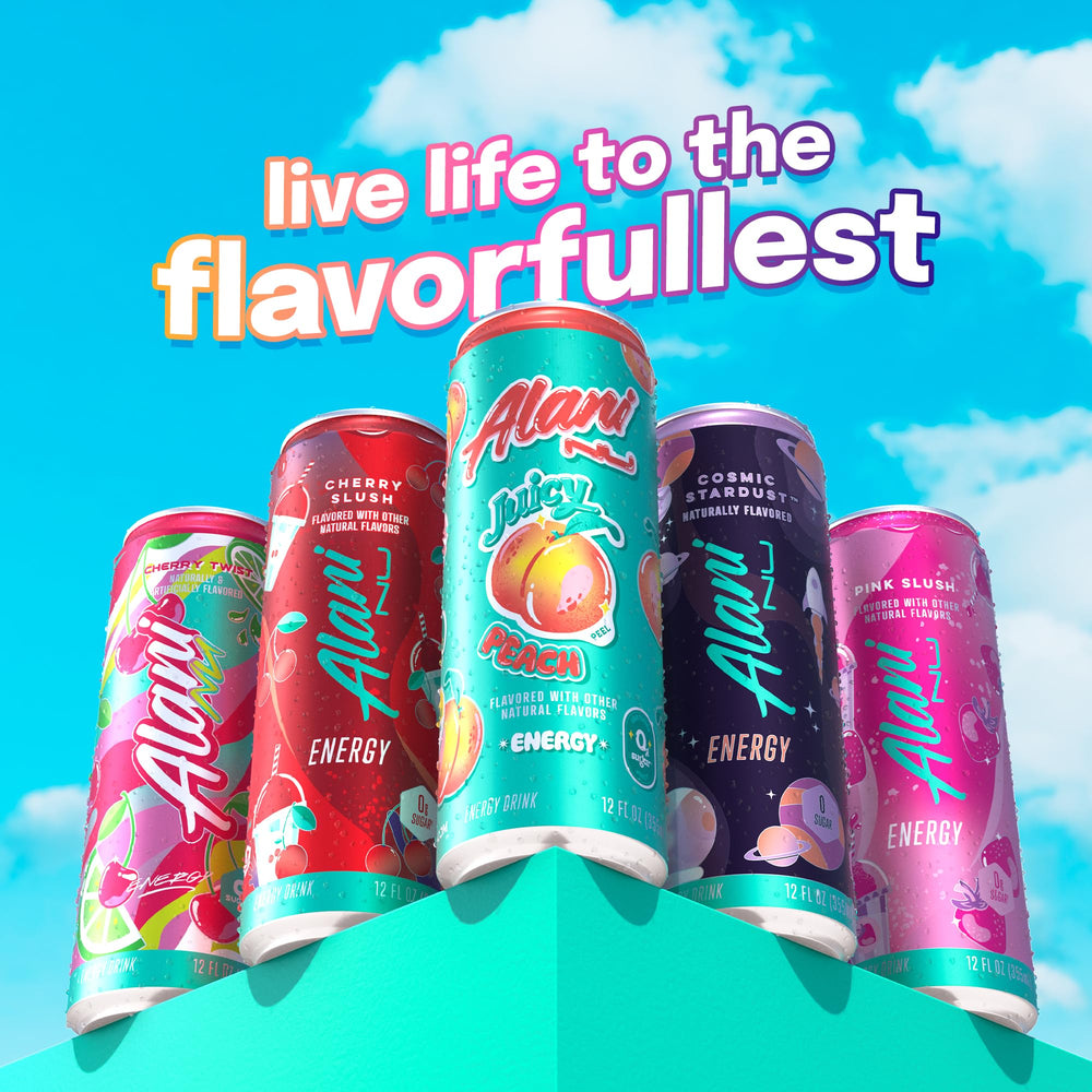 Alani Nu can on beach towel lifestyle scene conveying on-the-go energy and fun