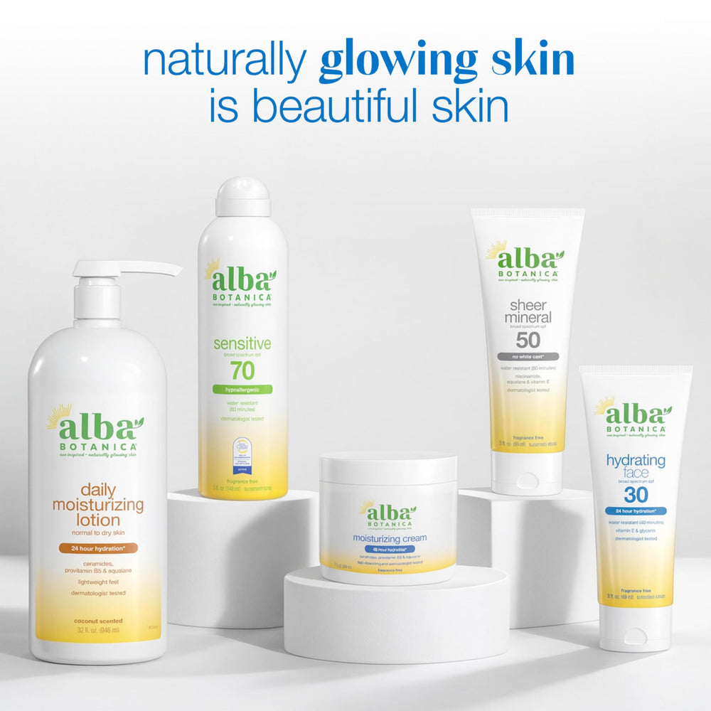 Alba Botanica uso en ambiente de baño que sugiere rutina post-ducha