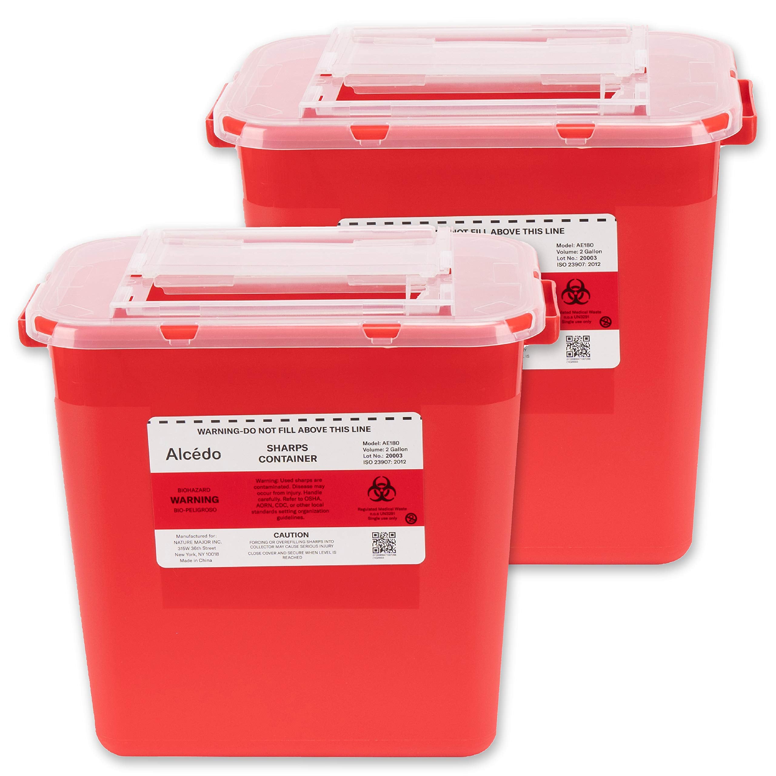 Alcedo front view of sharps container two-pack showing durable design and capacity