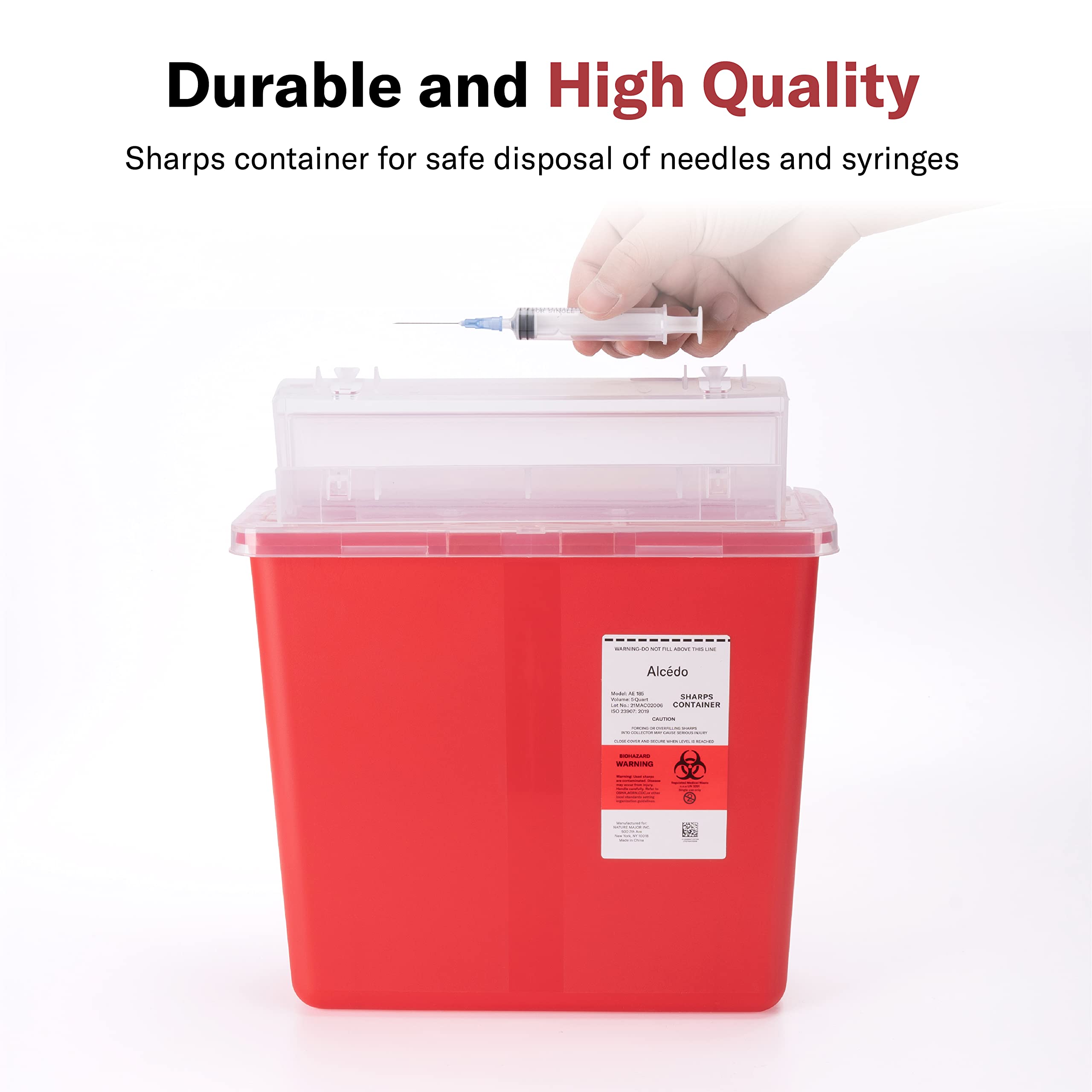 Alcedo sharps container clear lid showing fill level for safer monitoring