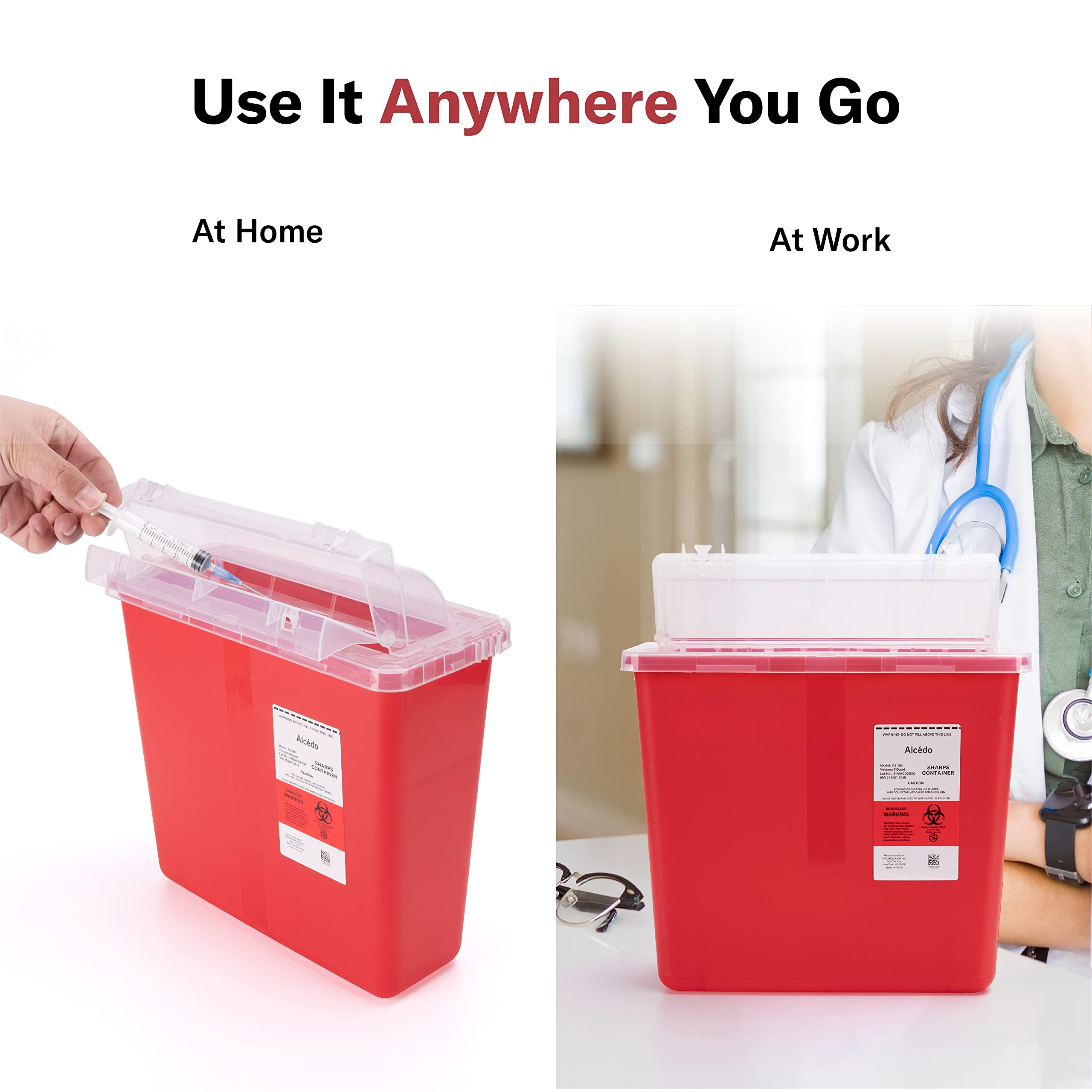 Alcedo sharps container in home bathroom showing convenient household placement