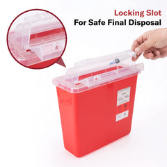 Alcedo sharps container locking slot close-up to show secure closure benefit