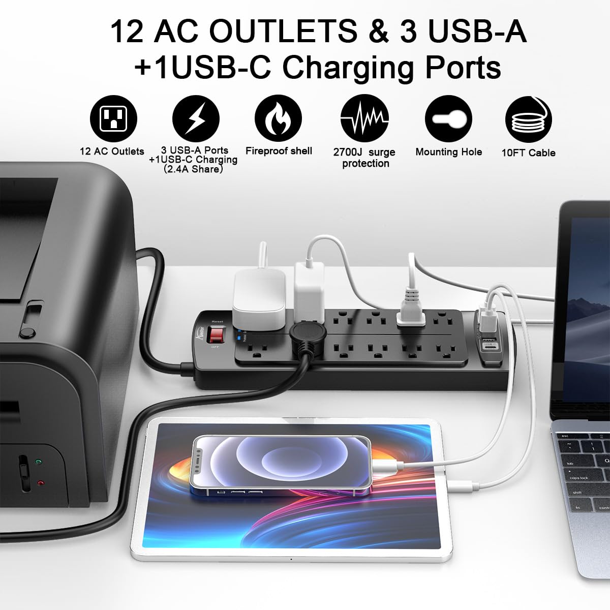 Alestor puertos USB y tomas separadas mostrando compatibilidad con adaptadores grandes
