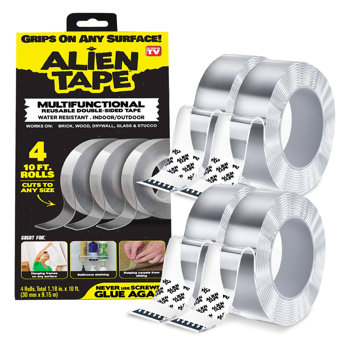 ALIEN TAPE rollos frontales mostrando aspecto transparente y práctico