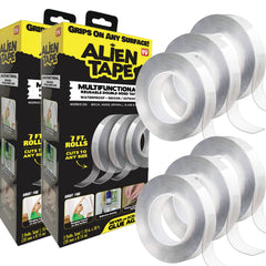 ALIEN TAPE roll front view showing clear adhesive and label, highlights easy mounting
