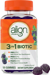 Align frasco frontal mostrando 50 gomitas y sabor mora como beneficio