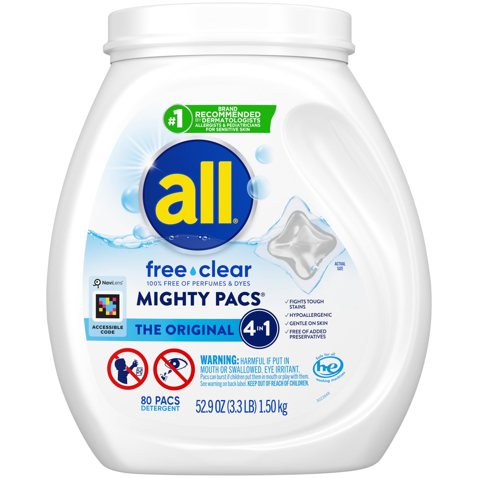 all Free Clear envase frontal limpio y práctico, facilita almacenamiento
