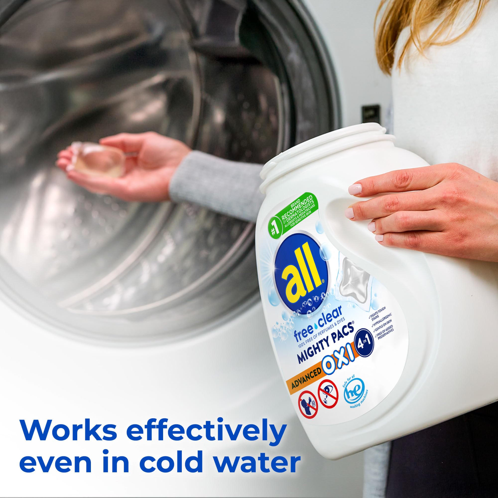 all free clear MIGHTY PACS inside washing machine showing HE compatibility benefit
