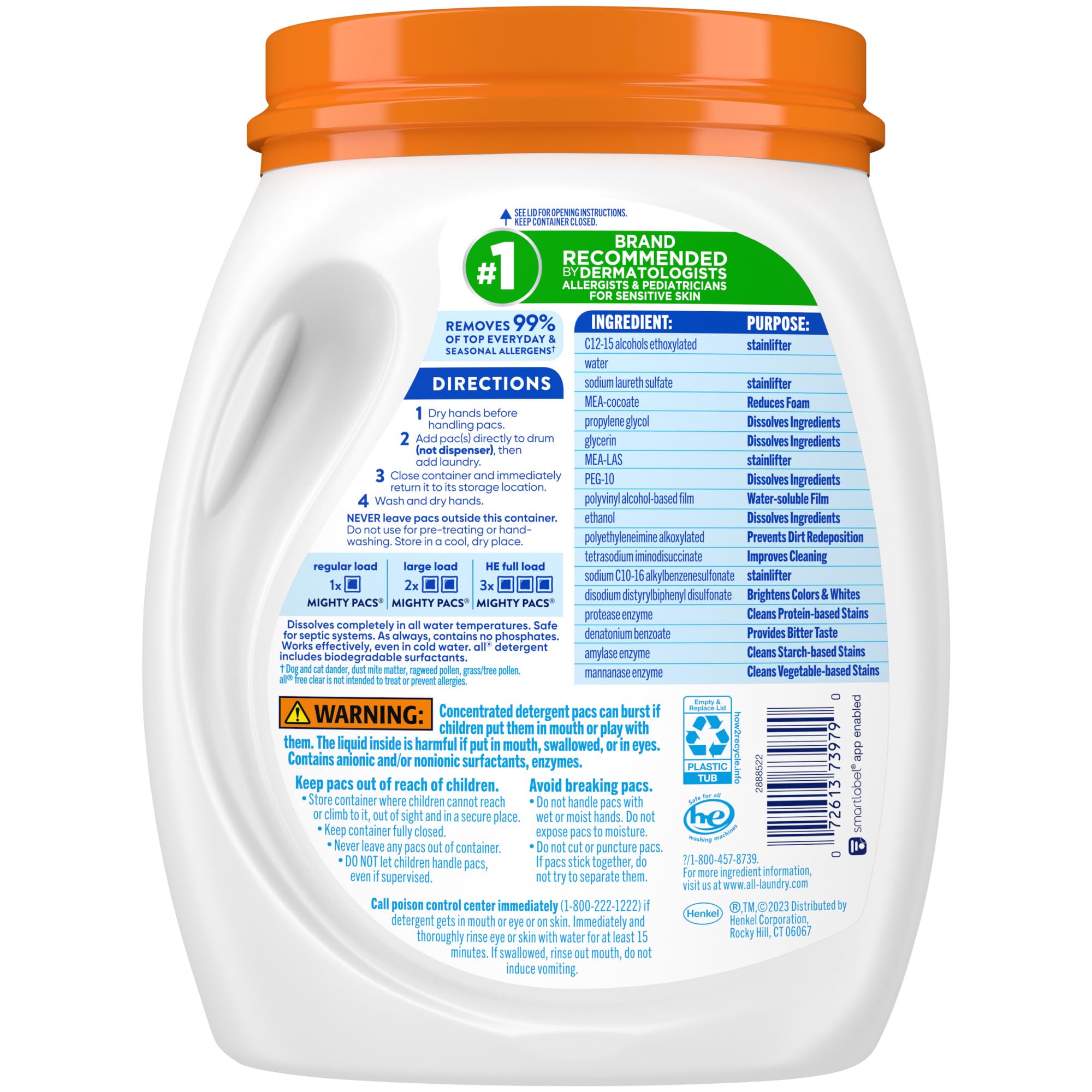 all free clear MIGHTY PACS packaging label displaying hypoallergenic formulation benefit