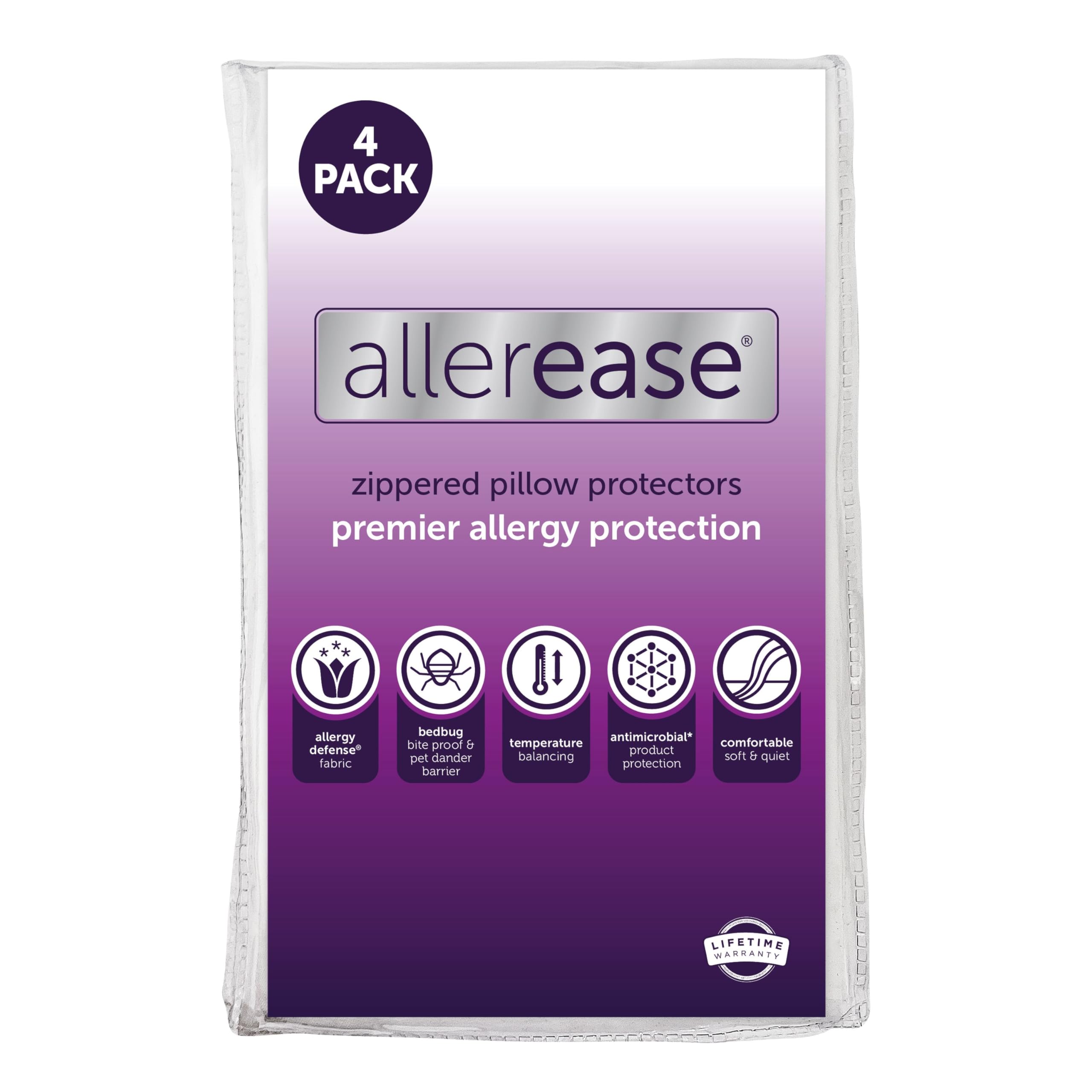 Aller-Ease vista frontal del paquete con cuatro protectores para almohada que garantizan higiene