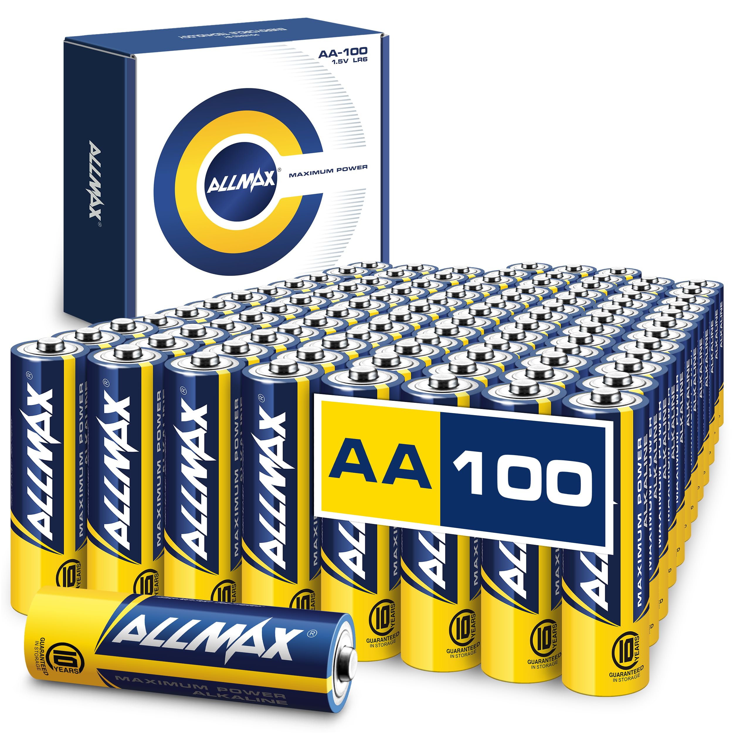 Allmax pila AA frontal paquete 100 mostrando ahorro y disponibilidad