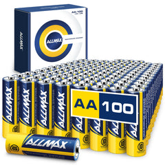 Allmax pila AA frontal paquete 100 mostrando ahorro y disponibilidad
