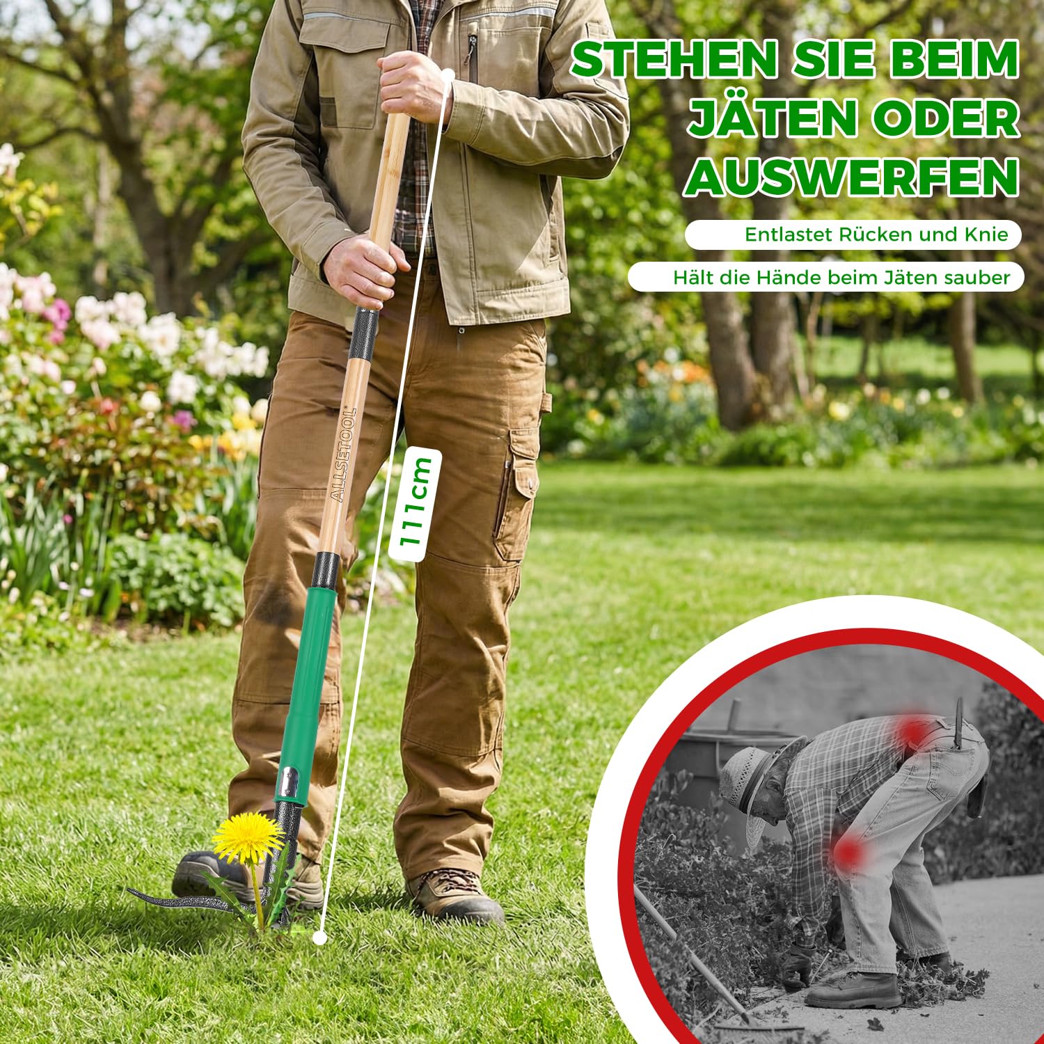 Allsetool herramienta en uso sacando un diente de león sin agacharse