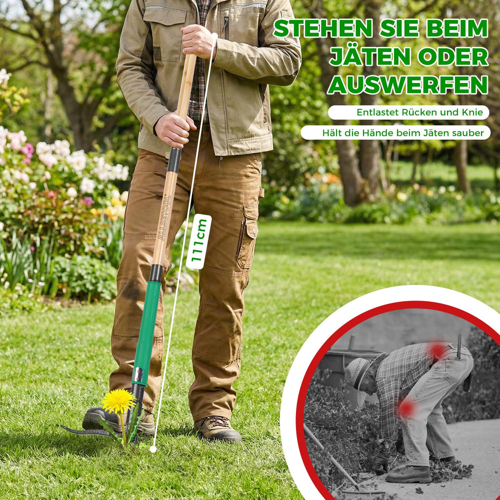 Allsetool herramienta en uso sacando un diente de león sin agacharse