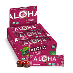 ALOHA box front showing chocolate cherry bars and organic labeling for trustworthy nutrition