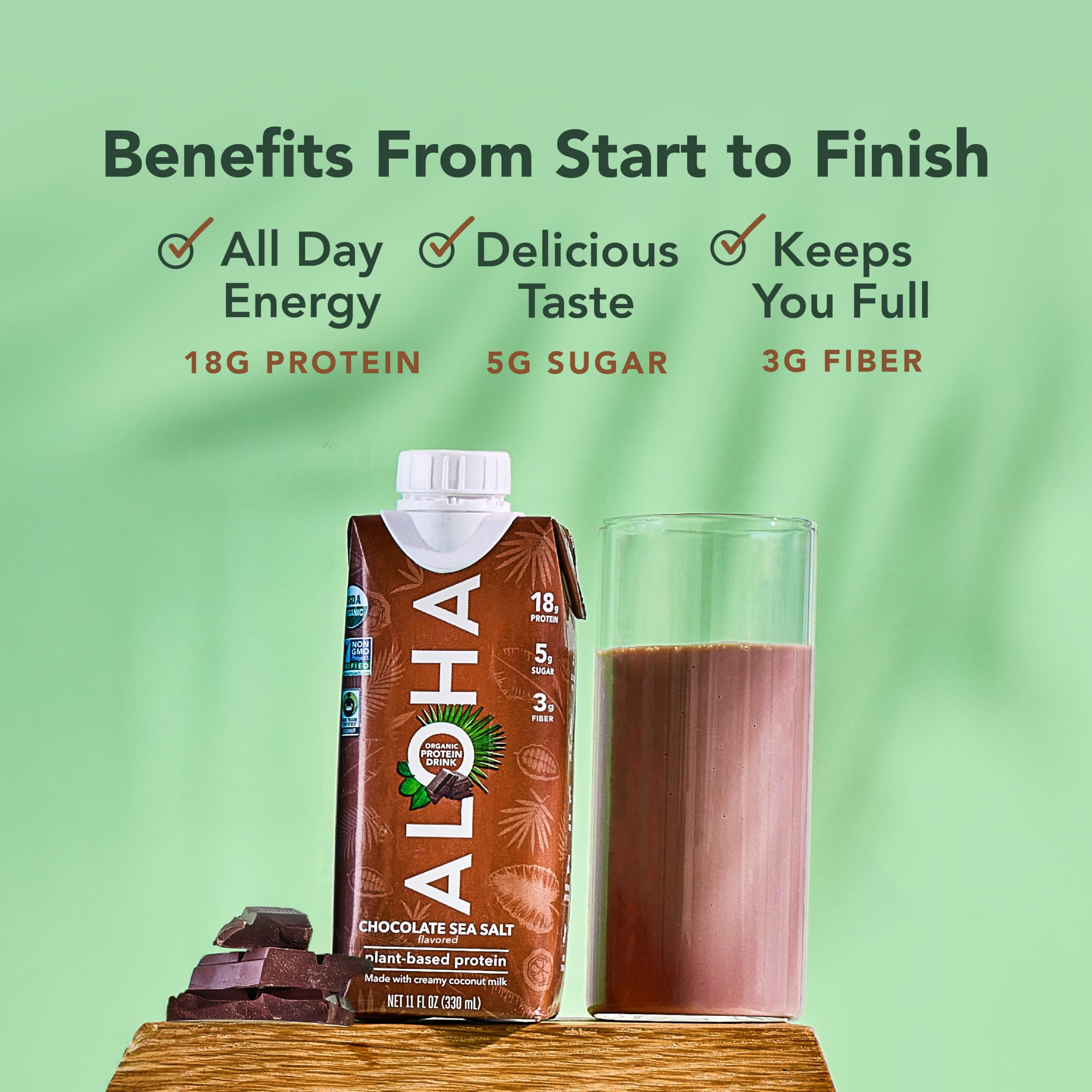ALOHA etiqueta con ingredientes orgánicos y certificaciones claras