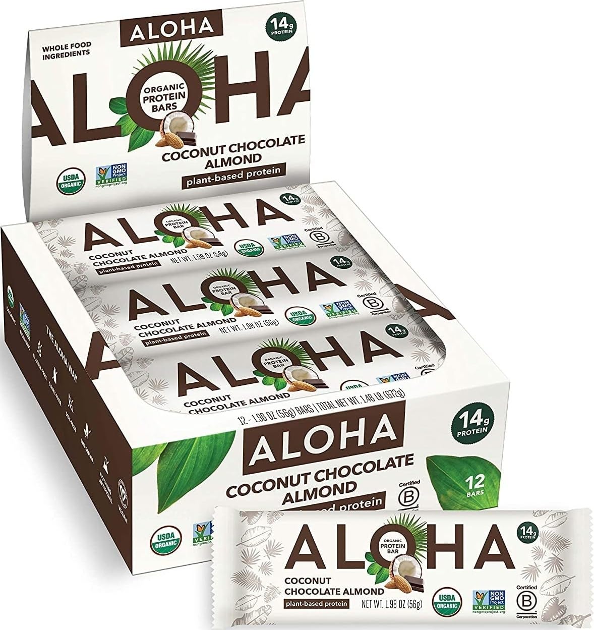 ALOHA frontal de caja mostrando sabor coco chocolate almendra y conveniencia