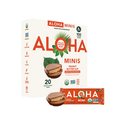 ALOHA paquete frontal Peanut Butter Cup mostrando caja de 20 unidades y beneficio práctico