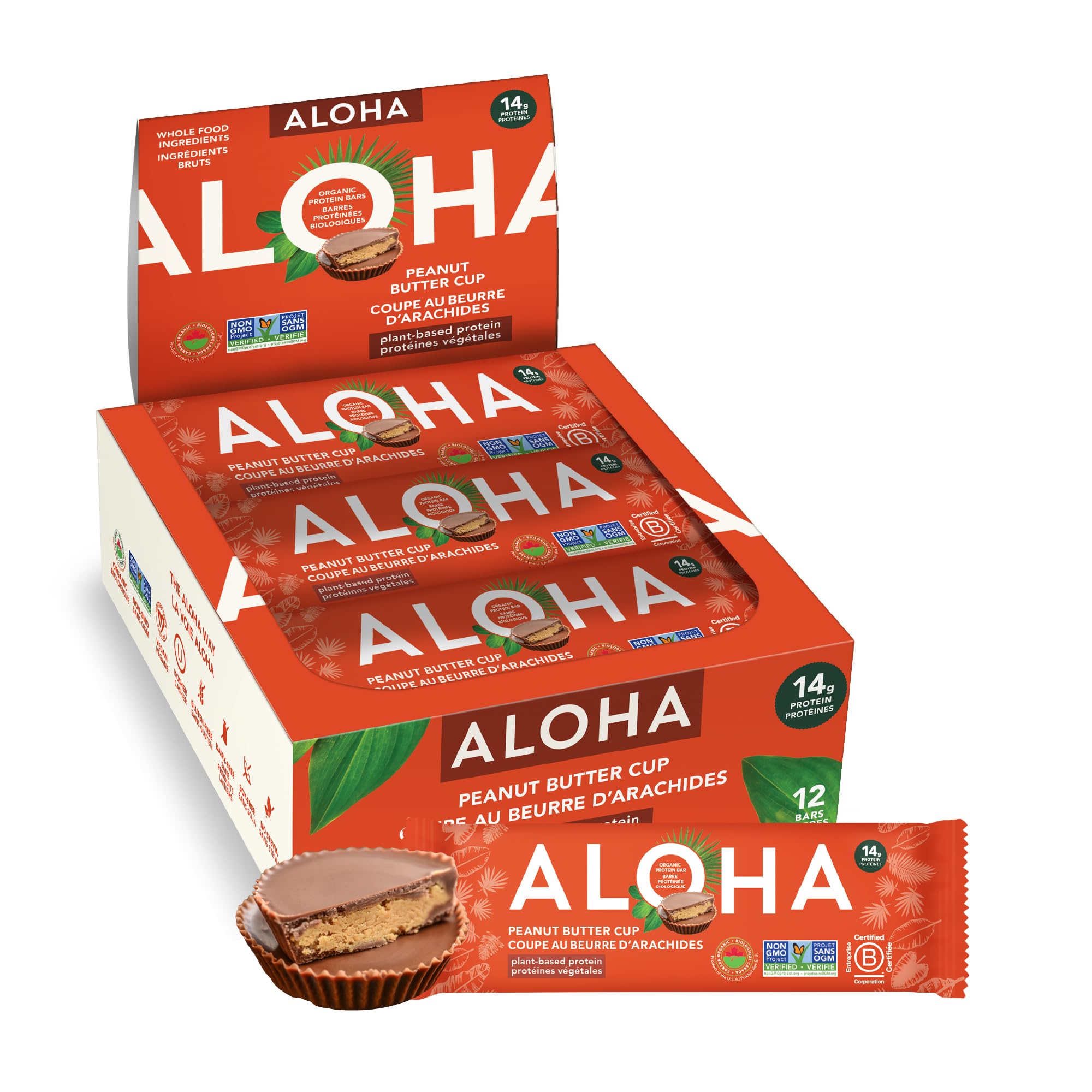 ALOHA front box view showing 12 bars and organic badge for convenient supply