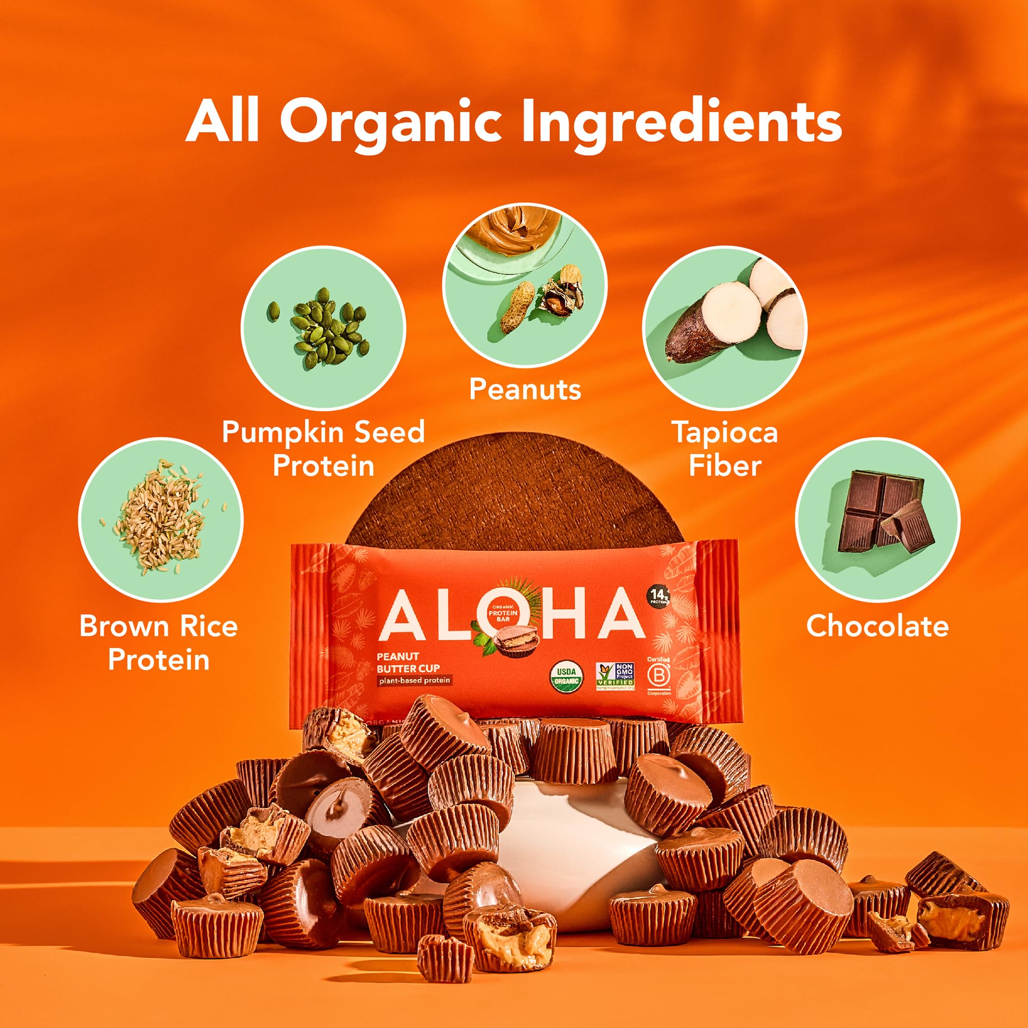 ALOHA single unwrapped bar displaying peanut butter cup layers and appeal