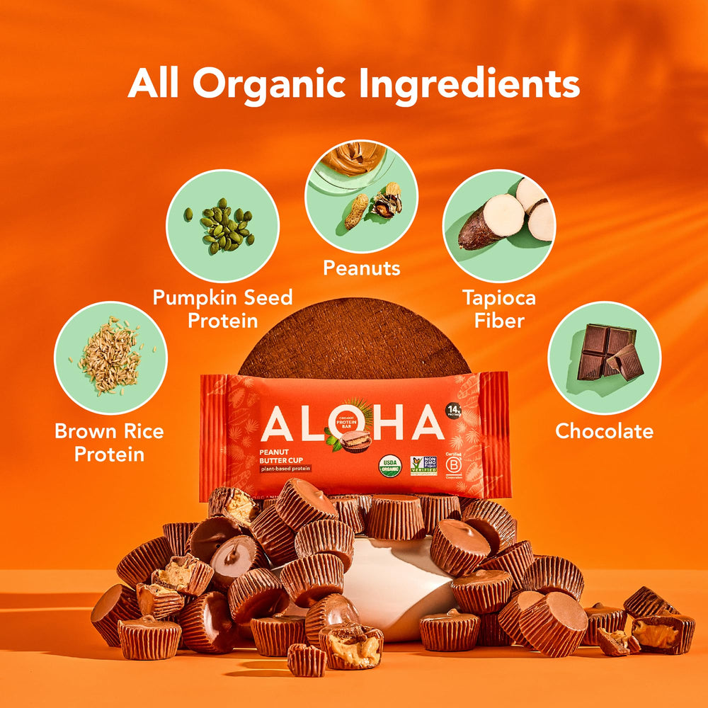 ALOHA single unwrapped bar displaying peanut butter cup layers and appeal