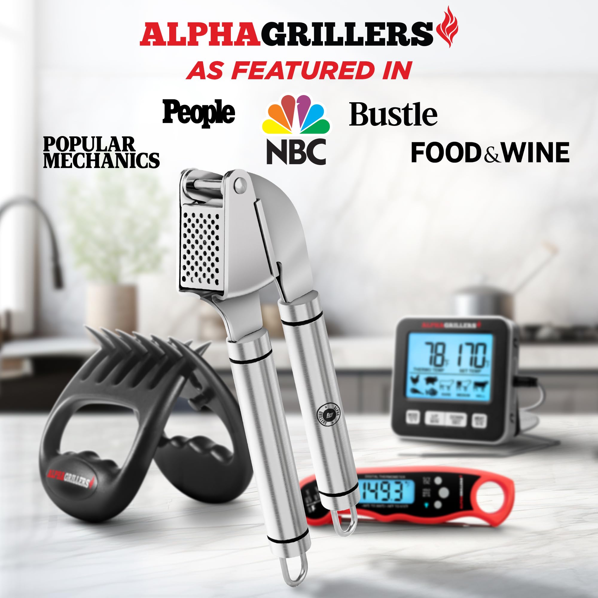 Alpha Grillers ajo recién triturado saliendo por los orificios para sabores intensos