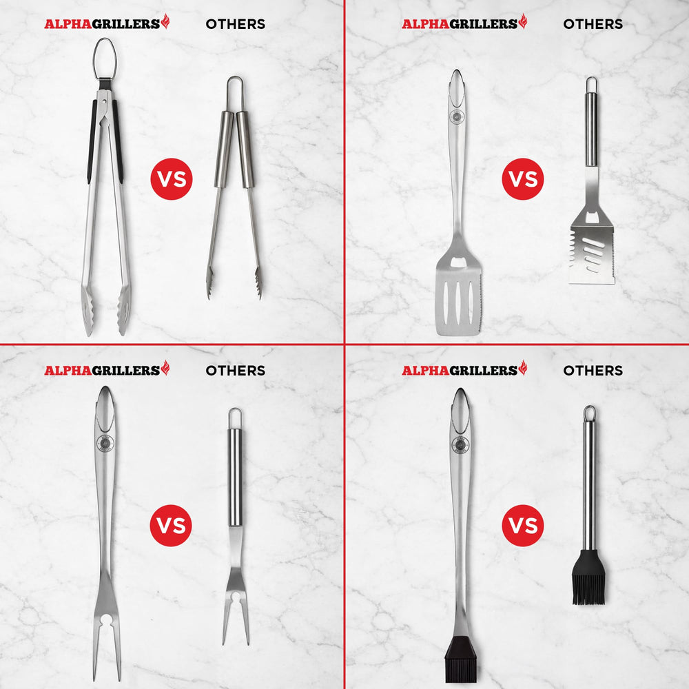 Alpha Grillers lockable tongs detail, providing secure grip and storage