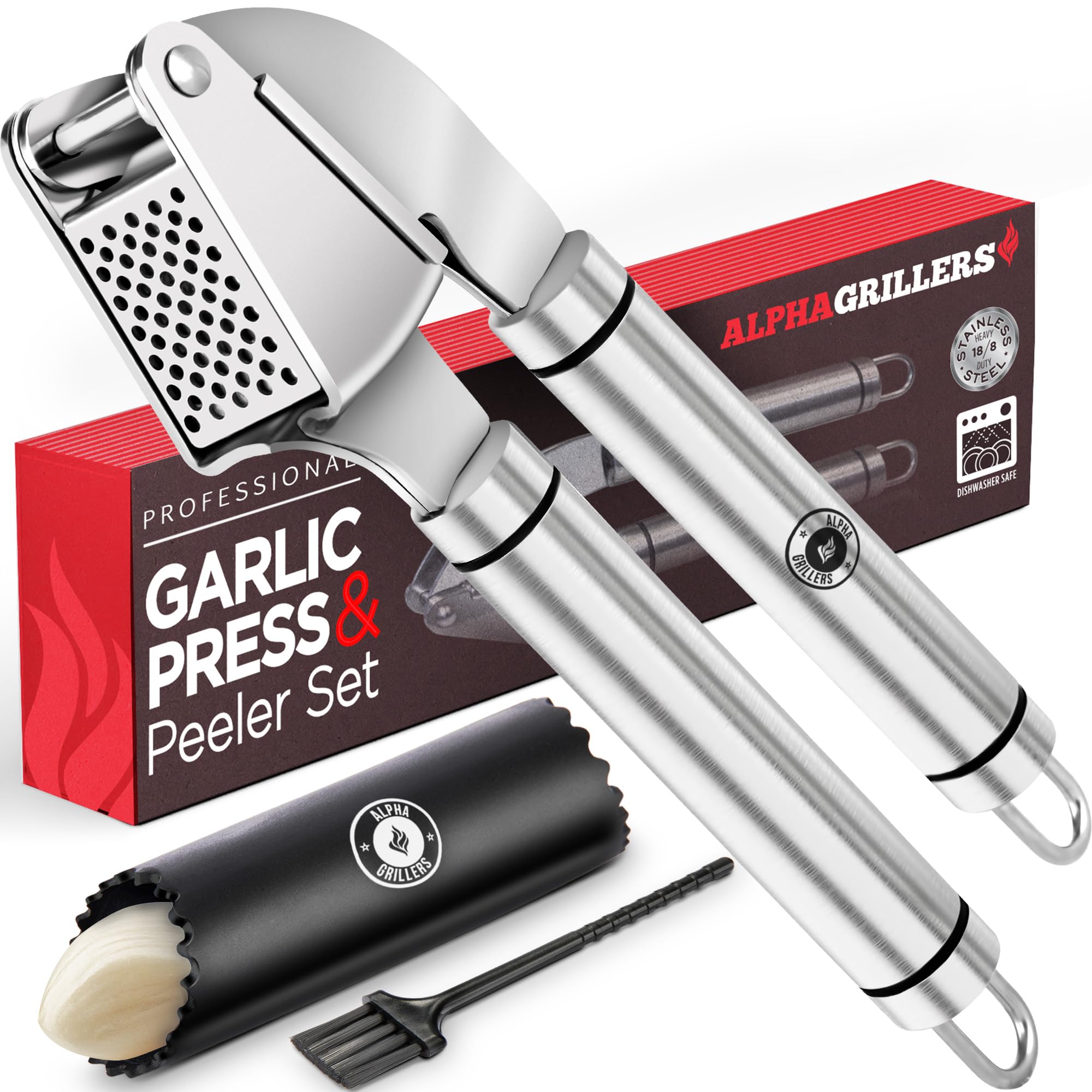 Alpha Grillers prensa de ajo frontal mostrando diseño robusto y mango ergonómico