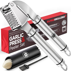 Alpha Grillers prensa de ajo frontal mostrando diseño robusto y mango ergonómico