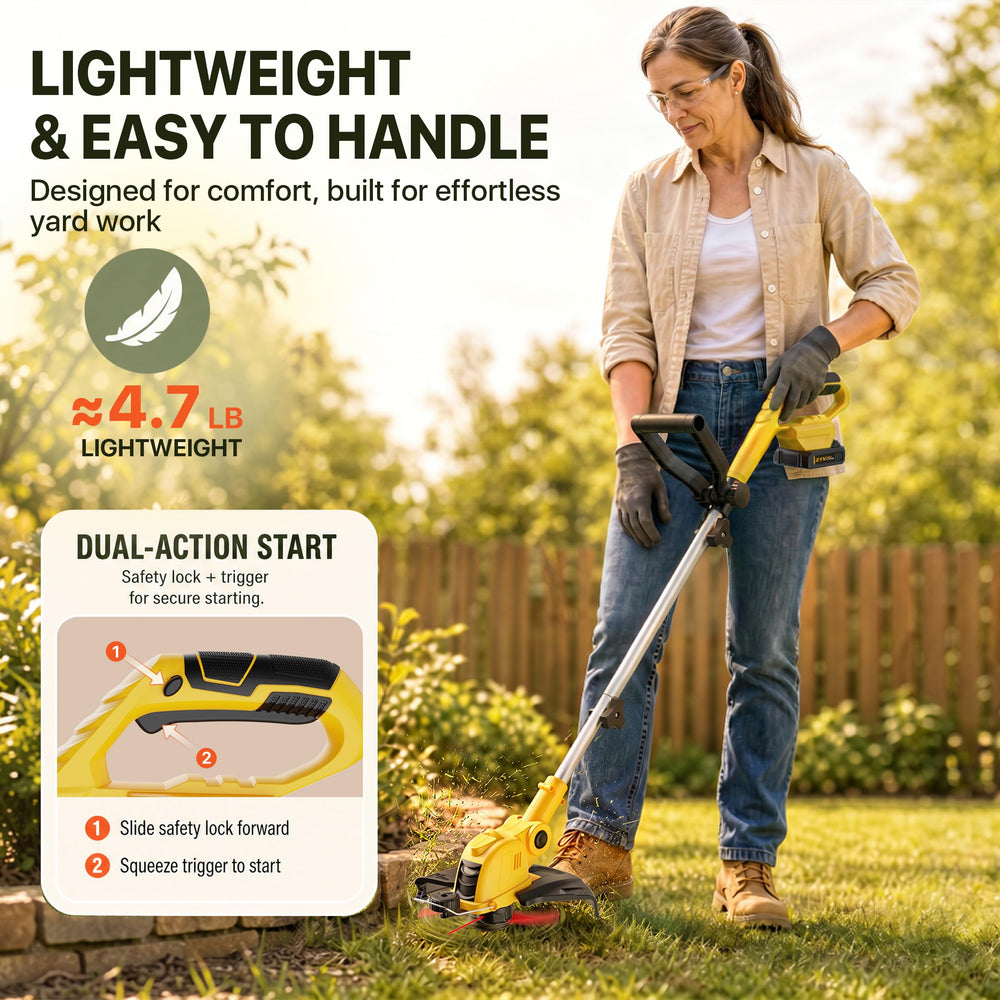 ALSO GO trimmer beside ruler showing size and 5.27 lb lightweight benefit