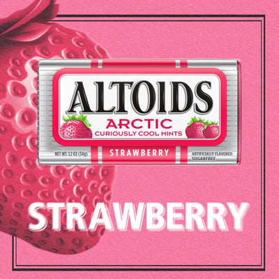 ALTOIDS open tin revealing Arctic Strawberry mints with easy portion control benefit
