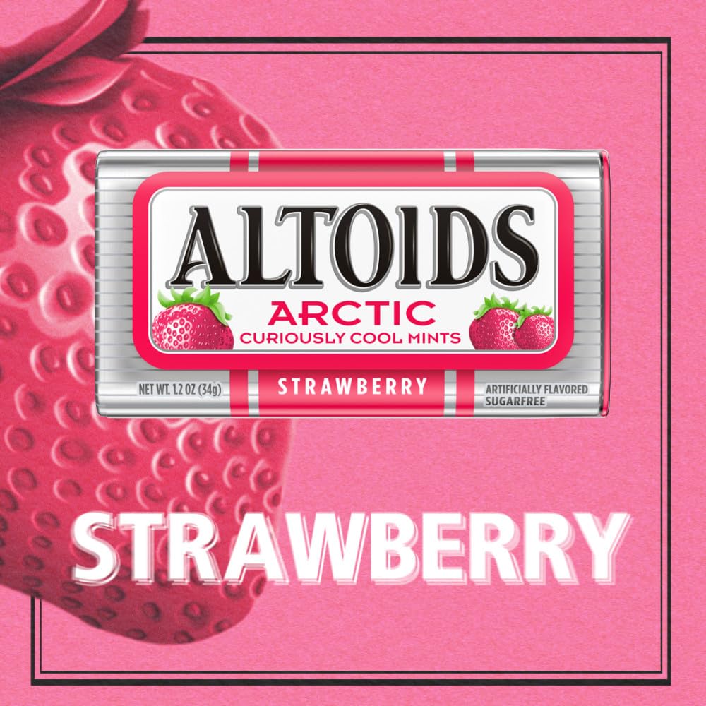 ALTOIDS open tin revealing Arctic Strawberry mints with easy portion control benefit