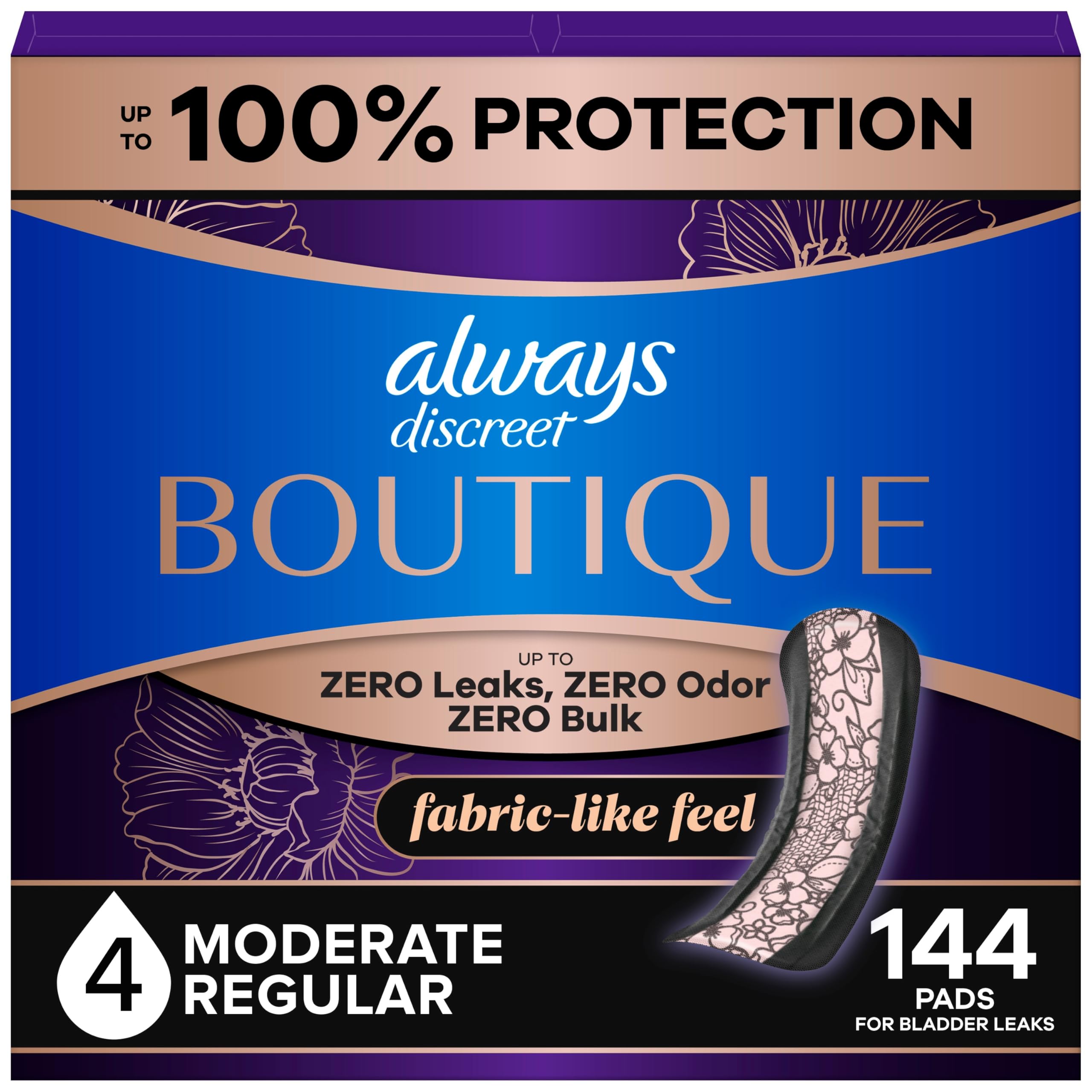 Always Discreet empaque frontal mostrando 144 unidades y beneficio de ahorro