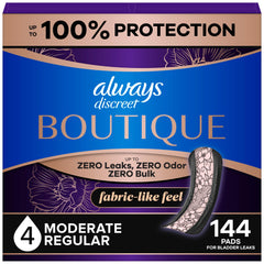 Always Discreet empaque frontal mostrando 144 unidades y beneficio de ahorro