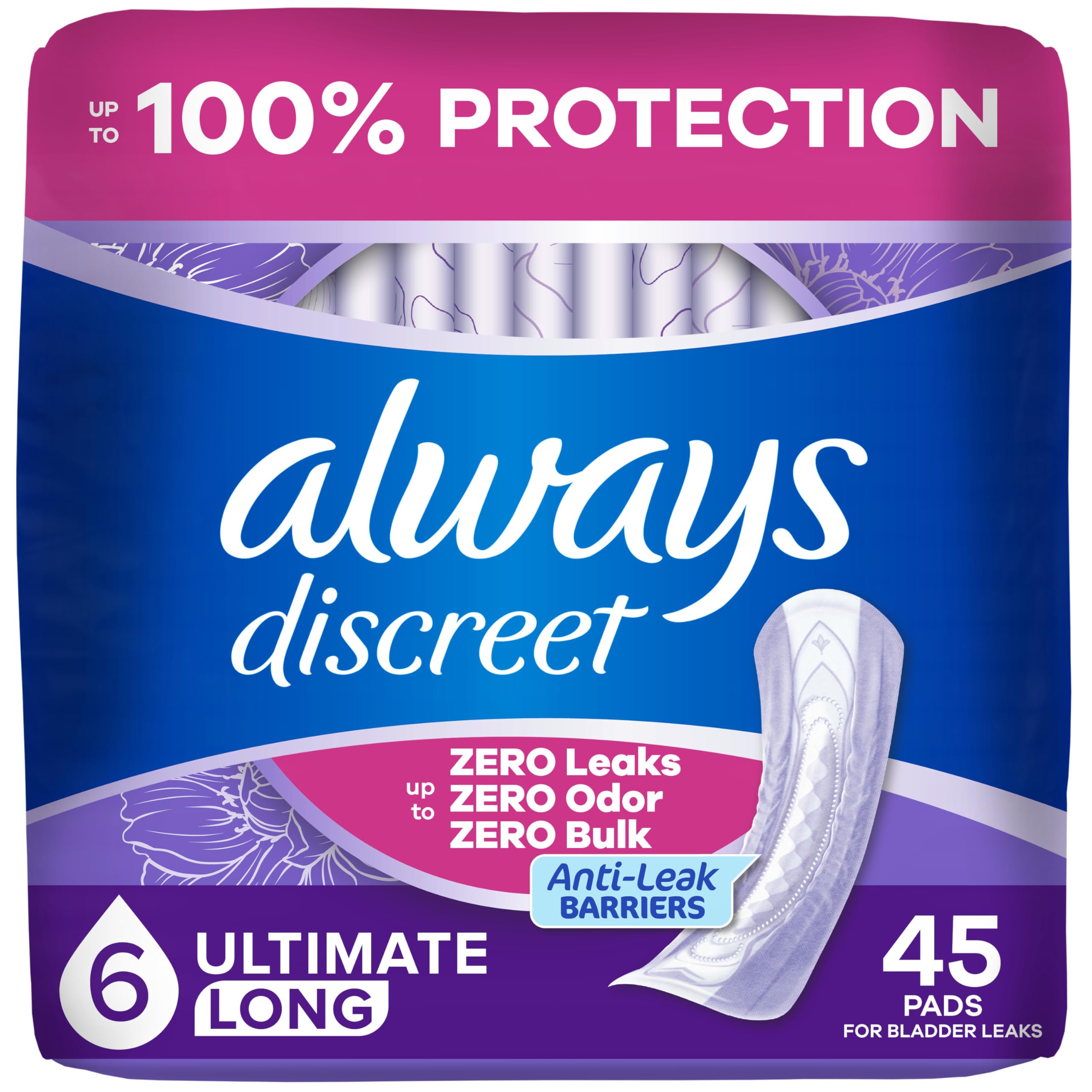 Always Discreet empaque frontal mostrando 45 unidades y protección confiable