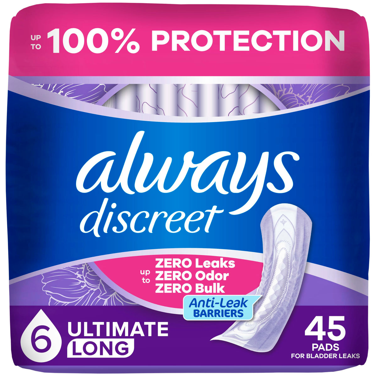 Always Discreet empaque frontal mostrando 45 unidades y protección confiable