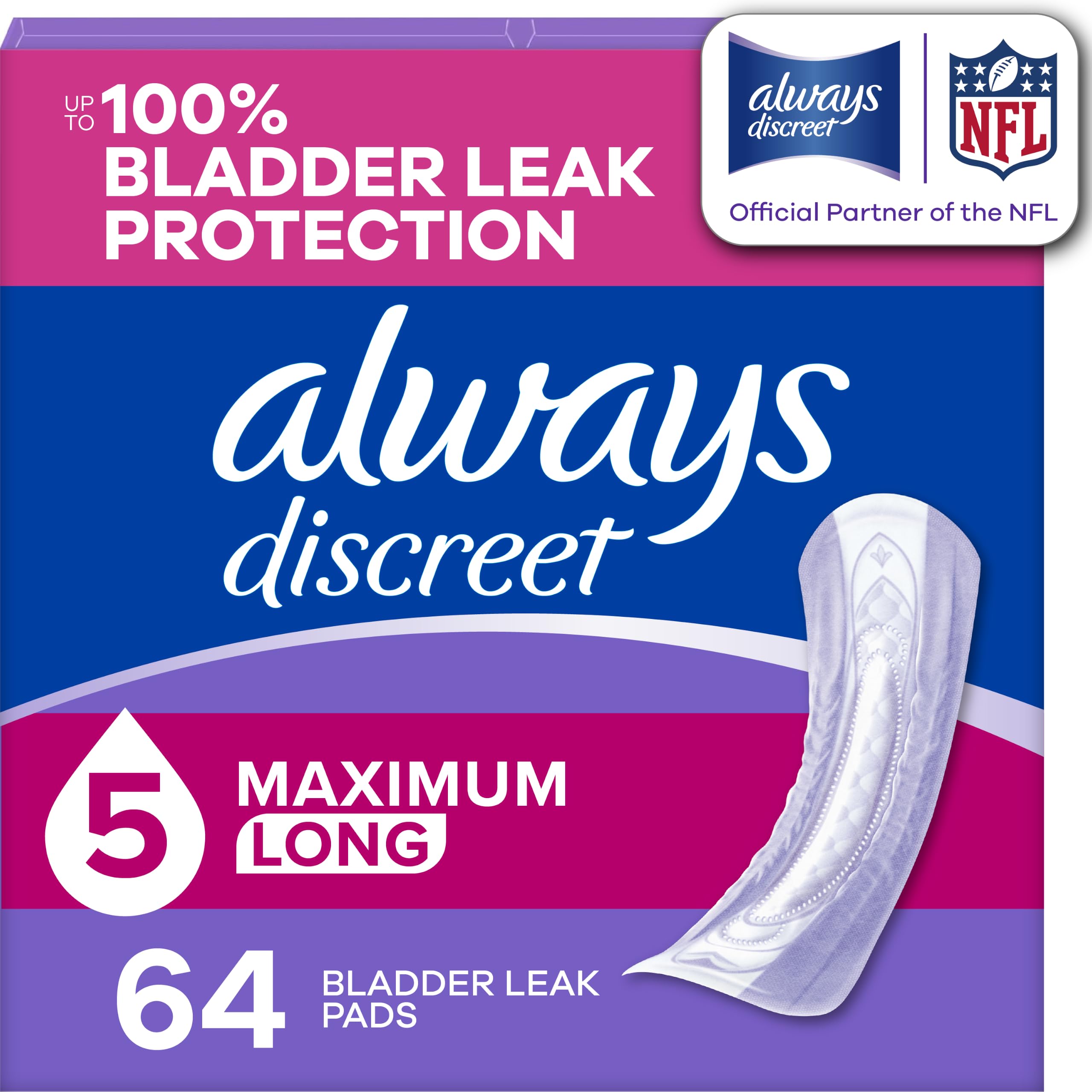 Always Discreet empaque frontal mostrando 64 unidades y protección discreta