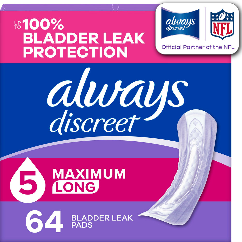 Always Discreet empaque frontal mostrando 64 unidades y protección discreta