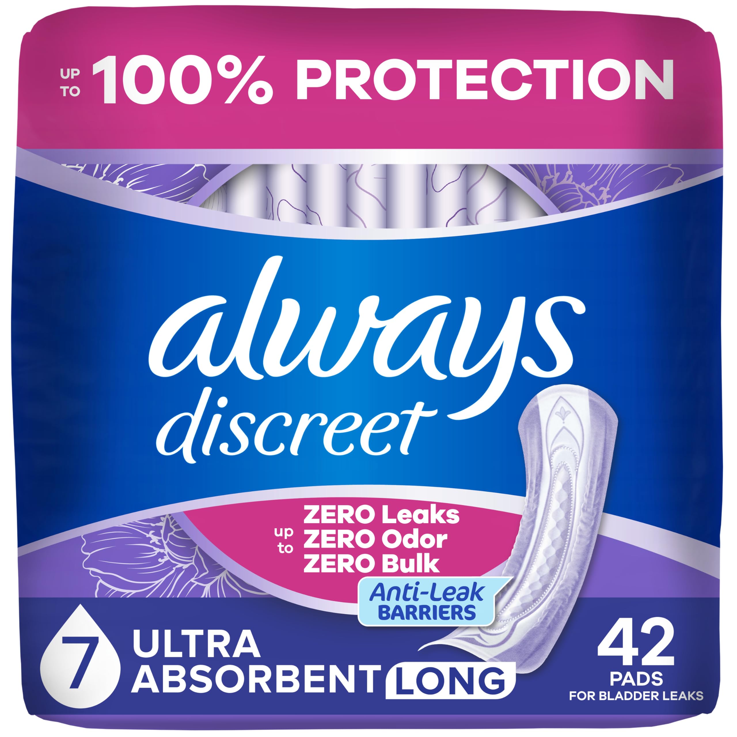 Always Discreet envasado frontal que muestra protección y capacidad
