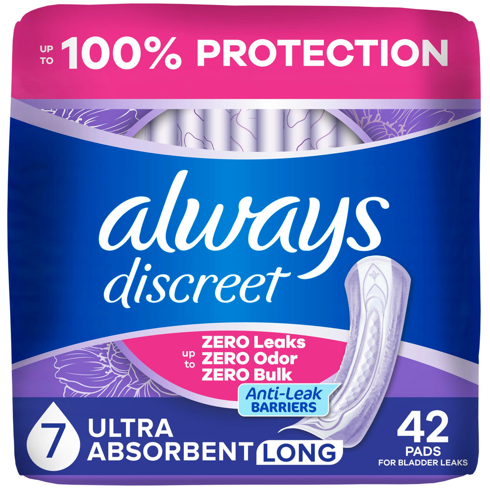 Always Discreet envasado frontal que muestra protección y capacidad