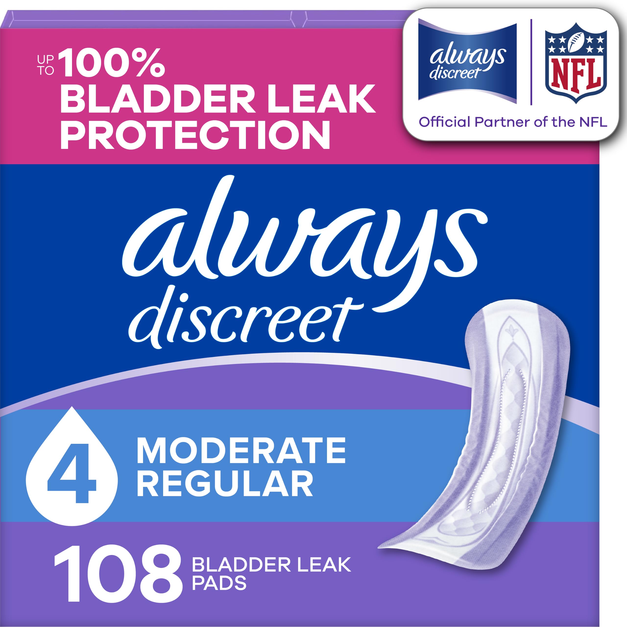 Always Discreet paquete frontal mostrando unidades y beneficio discreción
