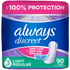 Always Discreet empaque frontal mostrando el formato de 90 unidades y conveniencia