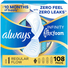 Always Infinity empaque frontal mostrando 108 unidades y beneficio de protección discreta