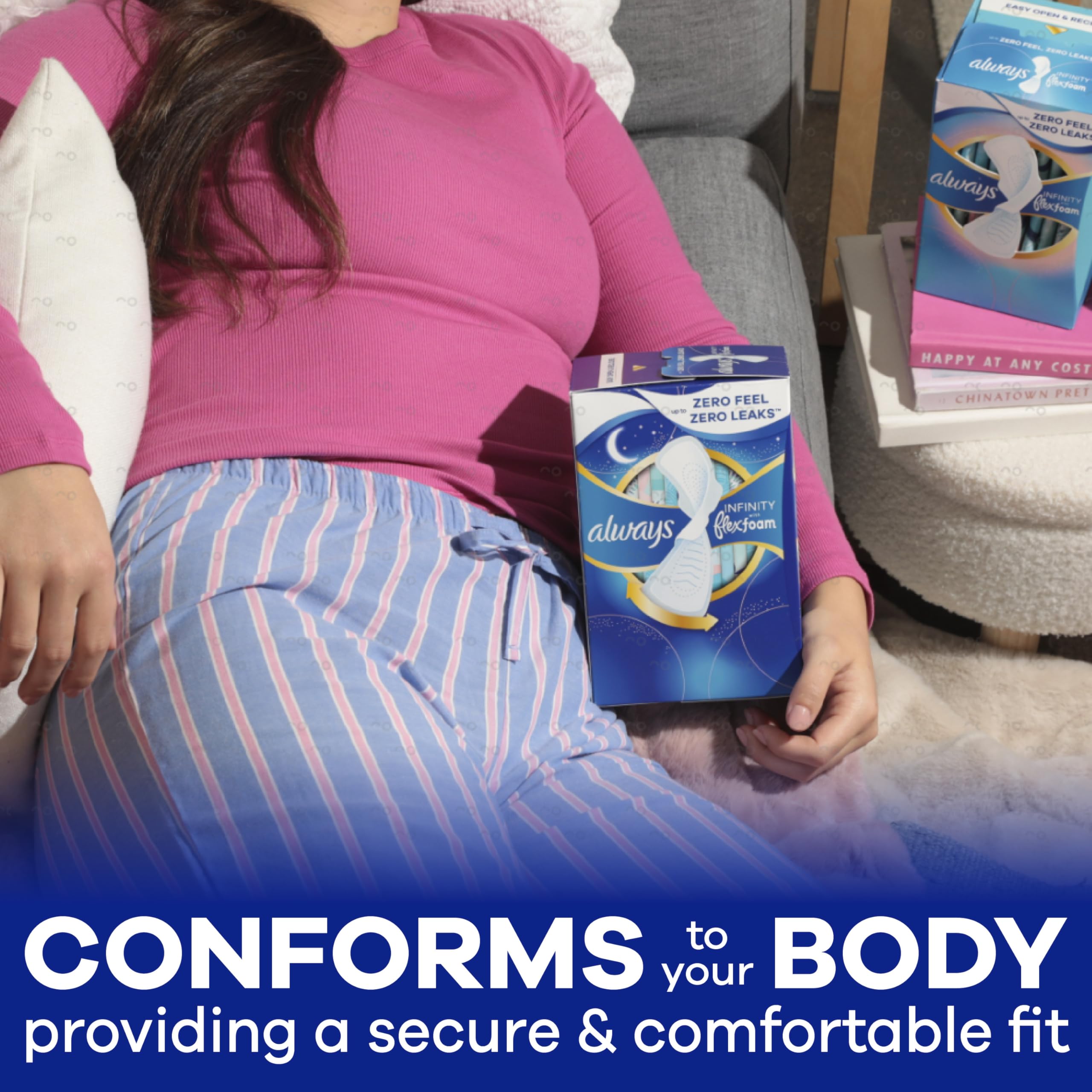 Always Infinity in underwear demo showing leak protection and fit