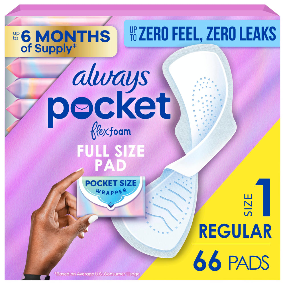 Always pocket front packaging showing compact pack and count benefit