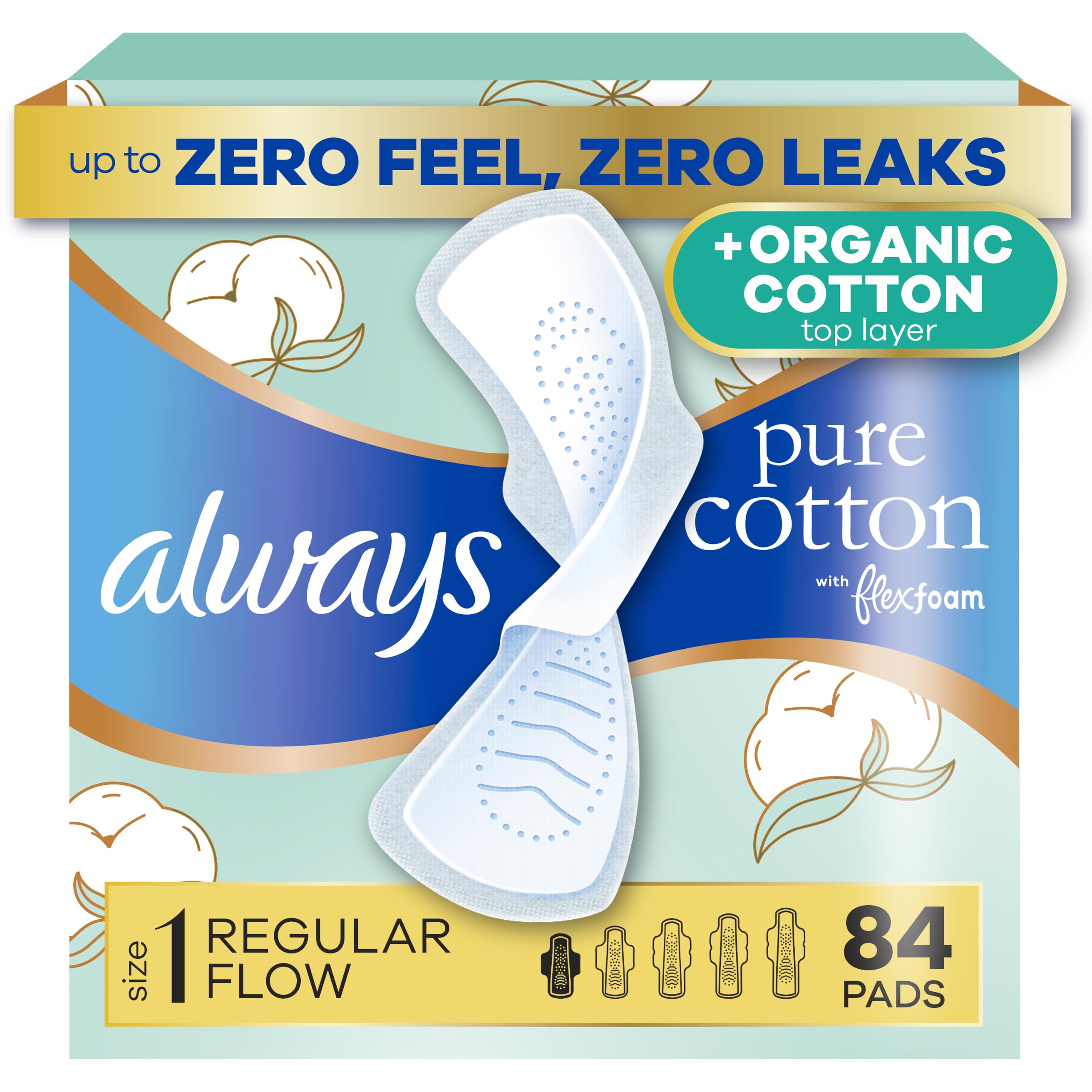 Always Pure Cotton paquete frontal mostrando 84 unidades y beneficio de comodidad